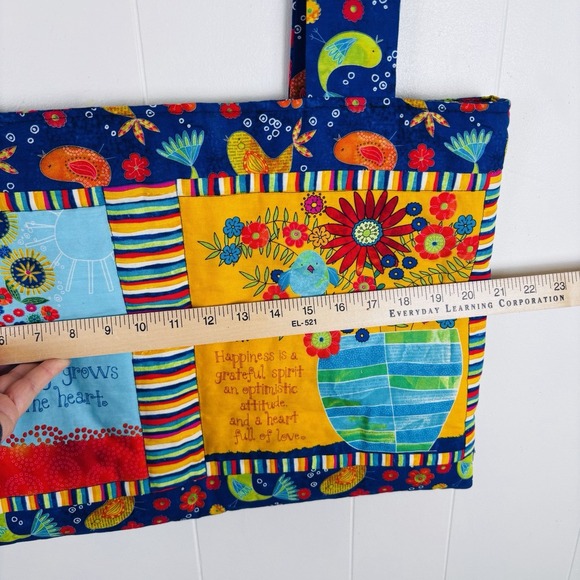 Handmade Quilted Bright Colorful Tote Bag Flowers Birds and Positive Messages - Picture 8 of 9
